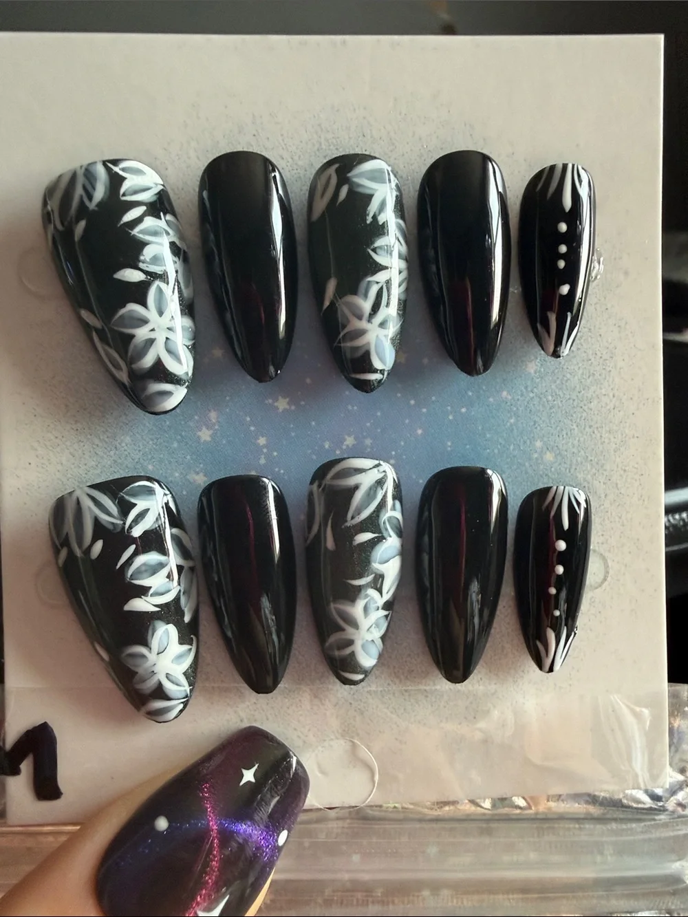 Black Stiletto Press-On Nails with White Floral Design